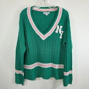 Caren Sport Green VNeck Cable Knit Sweater Preppy Tennis Preppy Academia Size 1X